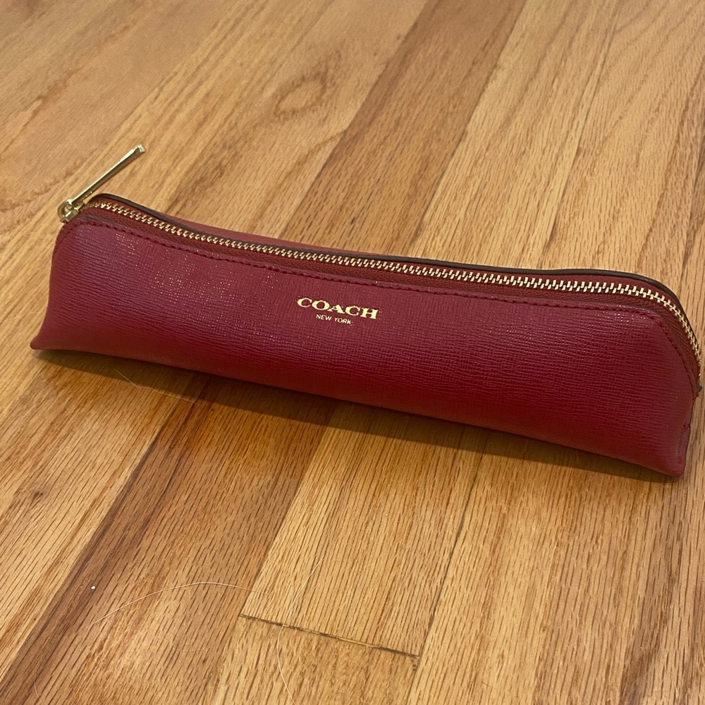 Coach Red Leather Pencil Case Bag with Gold Accents